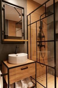 bagno con lavandino e doccia di Giovi Central Apartment a Cluj-Napoca