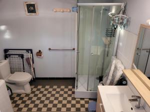 uma casa de banho com um chuveiro, um WC e um lavatório. em Maison 4 face a la mer grand Jardin Ideal Famille avec pluri Animaux Saint Clair Le Lavandou em Le Lavandou