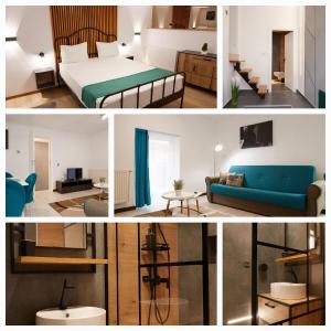 un collage di foto di una camera da letto e di un soggiorno di Giovi Central Apartment a Cluj-Napoca