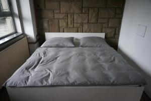 a bed in a bedroom with a stone wall at Immaculate 2-Bed Apartment in Zywiec in Żywiec