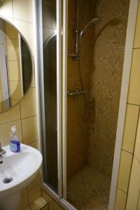 La salle de bains est pourvue d'une douche et d'un lavabo. dans l'établissement Immaculate 2-Bed Apartment in Zywiec, à Żywiec