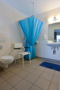 a bathroom with a toilet and a blue curtain at Hotel Aan Zee in De Panne