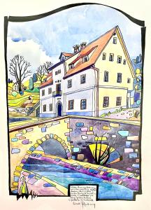 uma pintura de uma casa e uma ponte em Gostišče Barbara em Idrija