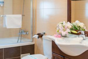 a bathroom with a sink and a toilet and a tub at Pensiunea Marylou in Alba Iulia