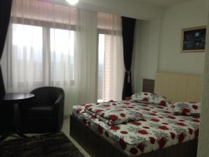 a bedroom with a bed and a chair and a window at Pensiunea Roka in Ranca