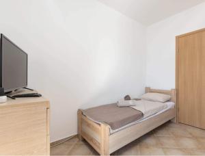1 dormitorio con 1 cama y TV en un escritorio en Tea, en Herceg-Novi