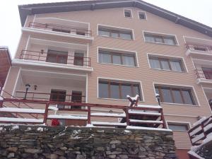 a building with a cat statue on top of a stone wall at Pensiunea Roka in Ranca