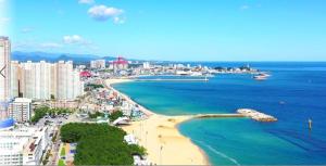 una vista aérea de la playa y del océano en The BlueMark Hotel Sokcho en Sokcho