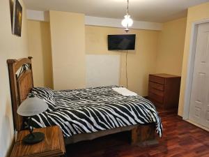 1 dormitorio con 1 cama en blanco y negro y 1 lámpara en El Seminario Hospedaje, en Cajamarca
