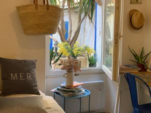 Habitación con ventana y mesa con planta en Jolie studette avec Patio style Cabanon en Marsella