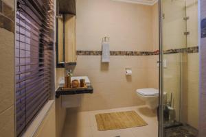 a bathroom with a toilet and a glass shower at Benguela Pearl in Swakopmund