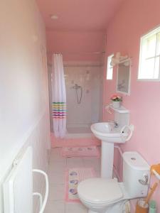 een roze badkamer met een toilet en een wastafel bij Petite maison de plain-pied à 150m de la mer à TREGASTEL - Réf 78 in Trégastel