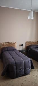 Un dormitorio con una gran cama azul y una lámpara en Il Sole Dentro Holiday Home, en Pellezzano 11 fotos más