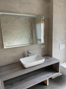a bathroom with a sink and a mirror at Appartements Luxner in Achenkirch +22 photos