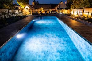ein nachts beleuchtetes Schwimmbad in der Unterkunft L'Hostellerie d'Acquigny in Acquigny