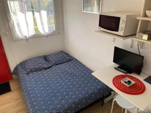 a small bedroom with a bed and a desk with a computer at Studio aménagé + parking in Chambray-lès-Tours