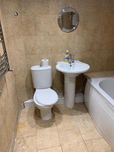 a bathroom with a toilet and a sink and a tub at Antic Cottage for Family in Nottingham