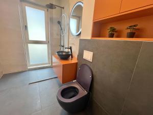 a bathroom with a toilet with a sink and a window at Rhodium Apartment in Cluj-Napoca