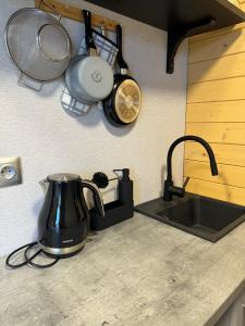 a kitchen counter with a tea kettle and a sink at Domček Artemis in Zuberec