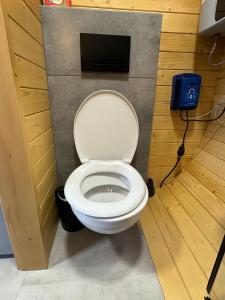 a bathroom with a white toilet in a room at Domček Artemis in Zuberec