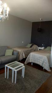 a living room with two beds and a couch at City Apartment Kauppakatu with Sauna in Iisalmi