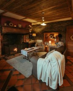 ein Wohnzimmer mit einem Sofa und einem Kamin in der Unterkunft Le Saint Urbain in Nollevaux