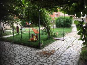 斯特魯加的住宿－Rooms Struga，花园里有狗坐在秋千里