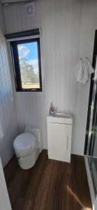 bagno con servizi igienici, lavandino e finestra di Halls Haven Tiny House 2 a Halls Gap