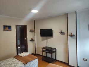een slaapkamer met een bed en een flatscreen-tv bij QUINTA ANDAINA in Sigüeiro