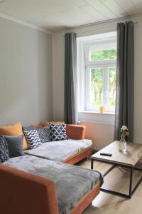 ein Wohnzimmer mit einem Sofa und einem Fenster in der Unterkunft Stilvolle Wohnungen im Villenviertel Villachs in Villach