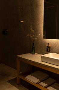 a bathroom with a sink and a vase on a counter at The Fred Hotel in Lahore