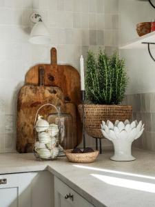 a kitchen counter with baskets and plants on it at VILLA ALENAR - Marratxi- Mallorca in La Cabaneta