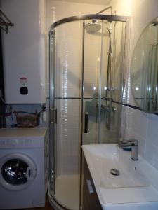 een badkamer met een douche, een wastafel en een wasmachine bij Studio au centre de St Cyp plage in Saint-Cyprien