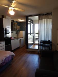ein Wohnzimmer mit einer Küche und einem Esszimmer in der Unterkunft Studio au centre de St Cyp plage in Saint-Cyprien