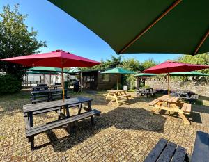 a group of picnic tables with red umbrellas at Nine Yards Family Glamping @ Farrington's Farm in Bristol