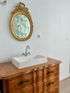 lavabo de baño con espejo en un tocador de madera en Gîte Exotique château de la Pervenchère en Casson