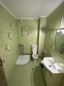 a bathroom with a toilet and a sink and a tub at Pensiunea Matis Mărișel in Mărişel