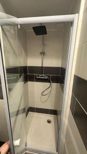 La salle de bains est pourvue d'une douche avec une porte en verre. dans l'établissement Appartement avec terrasse, à Vierzon