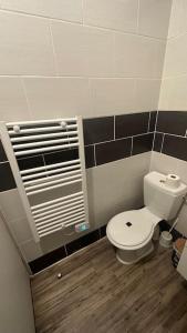 a bathroom with a white toilet and black tiles at Appartement avec terrasse in Vierzon