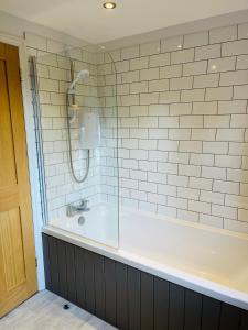 a bathroom with a bath tub with a shower at Rayners Farm Lodge in Mattishall