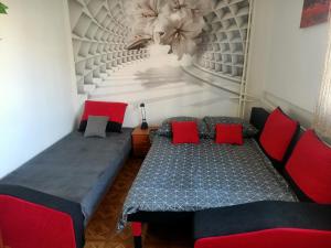 a bedroom with a bed and red pillows at Apartament u Anny in Szczytna