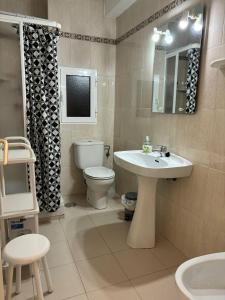a bathroom with a sink and a toilet and a mirror at Apartamentos Congo in El Campello