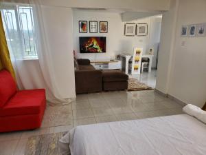 een woonkamer met een bank en een rode stoel bij Luxury penthouse in Nairobi
