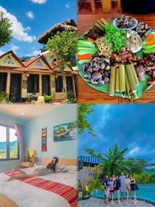 een collage van foto's van een huis en eten bij An Huy Homestay Mai Châu in Mai Chau