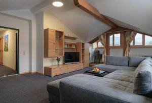 ein Wohnzimmer mit einem Sofa und einem TV in der Unterkunft Gästehaus Köpf in Füssen