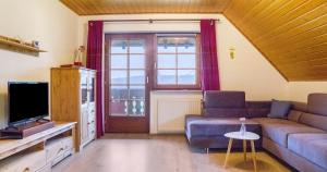 a living room with a couch and a tv at Oberengenbachhof in Eisenbach