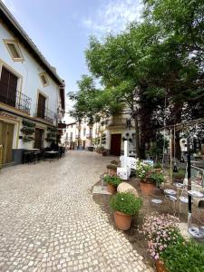 una calle adoquinada con sillas, plantas y árboles en Casa rural con vistas al parque natural Castril, en Castril