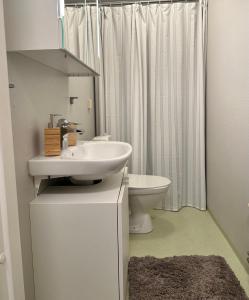 uma casa de banho branca com um lavatório e um WC em Tummens B & B em Vadstena