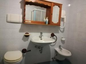 W łazience znajduje się umywalka, toaleta i lustro. w obiekcie Appartamento La Mirandola Blu w mieście Livinallongo del Col di Lana
