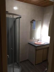 een badkamer met een douche, een toilet en een wastafel bij Gîte aux Aspres Logement de 65m² (4pers) in Fontcouverte